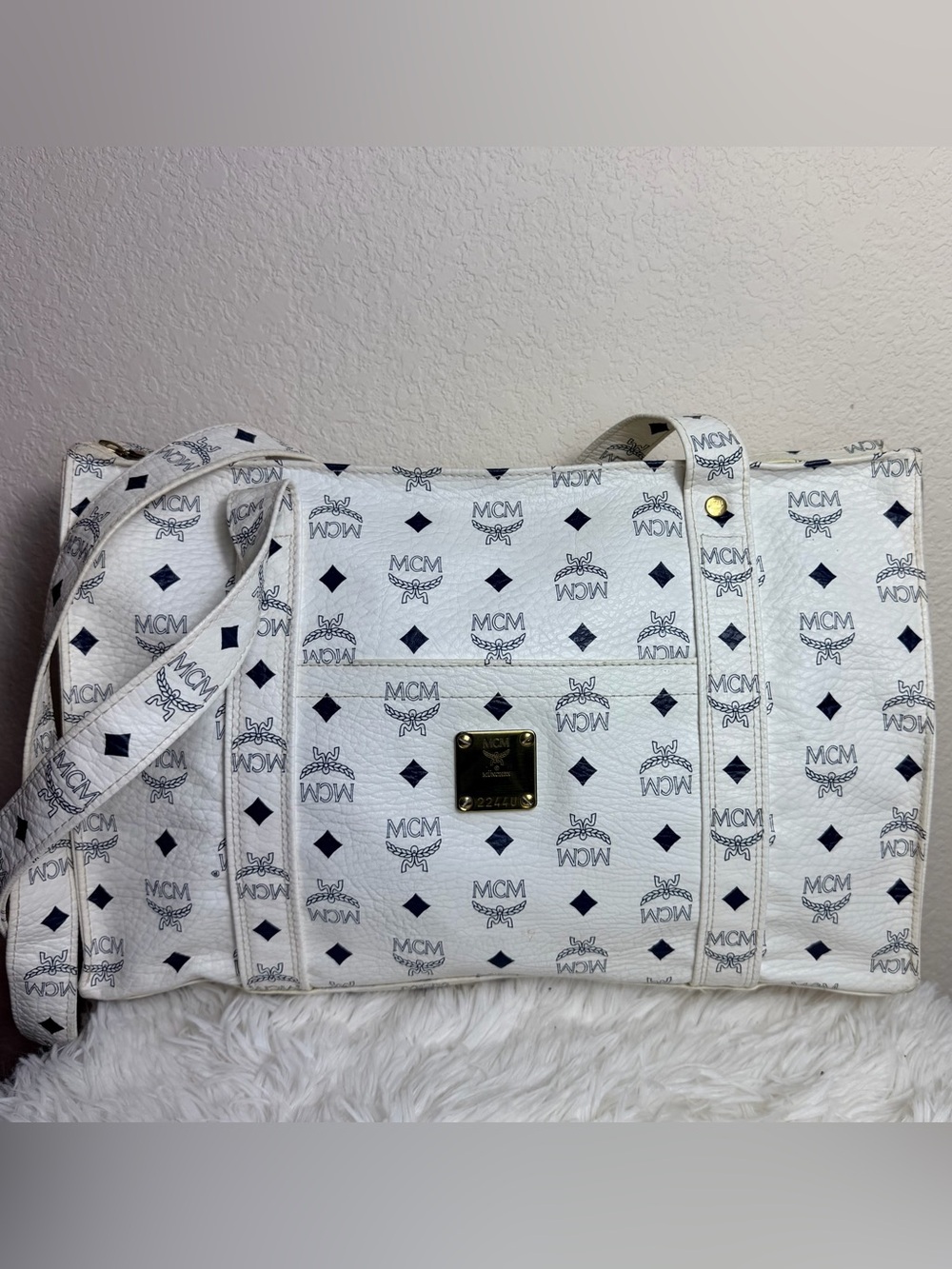 MCM Munchen Large White Visetos Tote With Navy Logo
